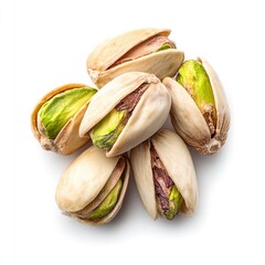 Close-up of shelled pistachios on white background