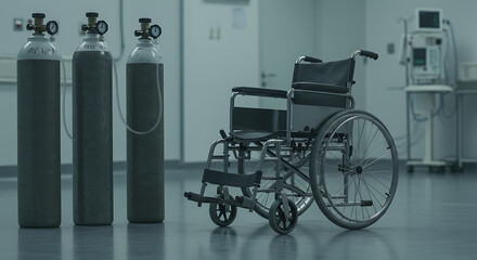 Fototapeta premium Medical equipment and wheelchair in a hospital room.