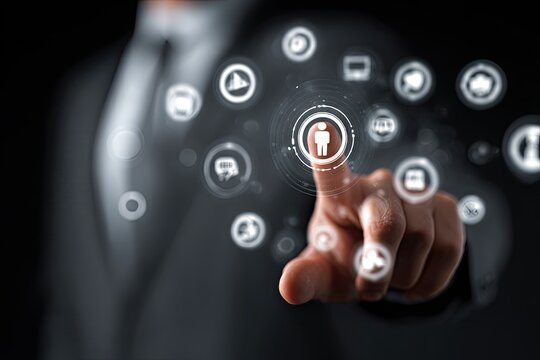 Person selects digital profile, surrounded by various media icons