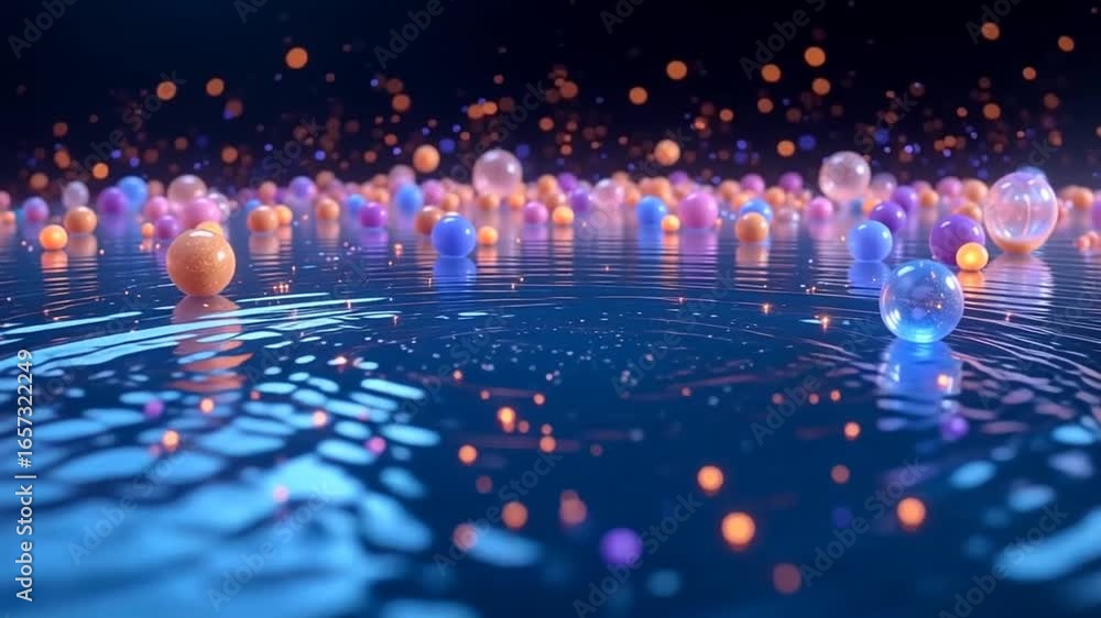Poster abstract spheres floating on water with shimmering lights in a dynamic, vibrant display