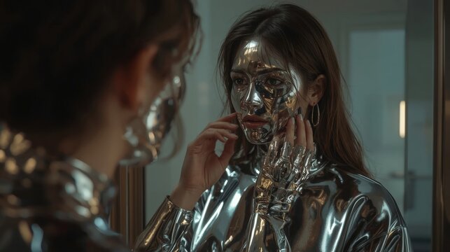 Cybernetic Reflection: A Woman and Her Chrome Mask