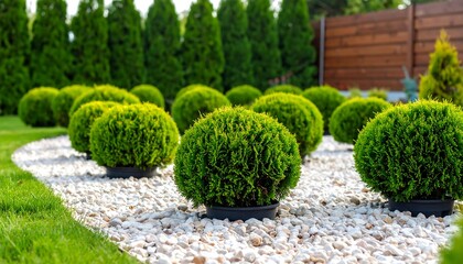 Carefully landscaped garden with vibrant green shrubs and a clean stone path