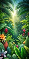 Obraz premium Dense jungle foliage with large tropical leaves and colorful bush flowers