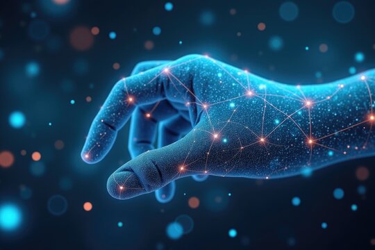 A digital hand with interconnected network points.
