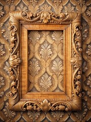 Old wooden picture frame with intricate carvings on damask textile background