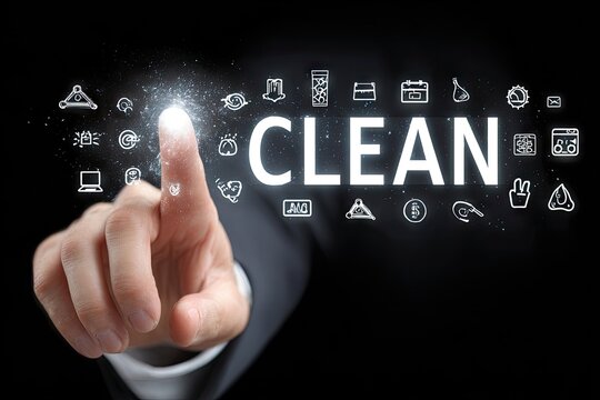 Fingertip activates "CLEAN" with surrounding digital icons - Powered by Adobe