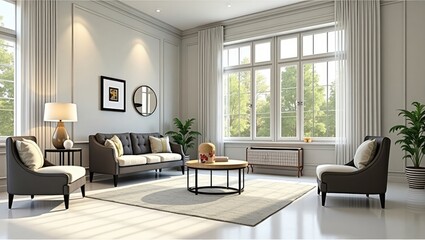 A bright and airy living room with large windows.