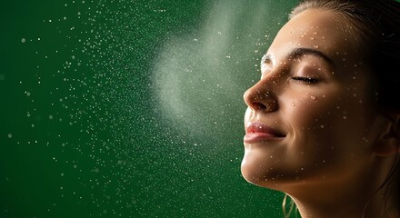 Fototapeta premium Close-up of a Relaxed Woman with Clear Skin and Closed Eyes in a Zen-Like Pose with Water Mist on Her Face, Emphasizing Wellness, Hydration, Beauty, Skincare, and Serenity for Spa and Self-Care