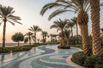 Tropical Resort Pathway with Palm Trees