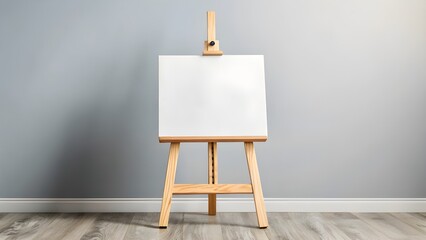 Blank Canvas on Wooden Easel, Minimalist Studio Setup, Neutral Gray Background, Modern Art Mockup, Clean and Simple Design, Ready for Your Artwork or Text