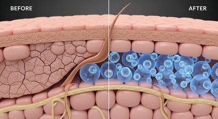 Detailed Cross-Section of Skin Showing Repair and Healing Process with Comparative Before and After Views, Highlighting Skin Regeneration, Cellular Activity, and Dermatological Treatment Effects
