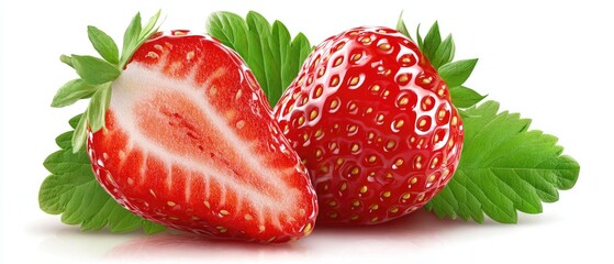 Two fresh strawberries, one halved, with vibrant green leaves