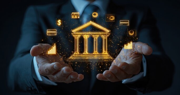 Golden bank icon floats above businessman's hands, symbolizing financial security and digital banking