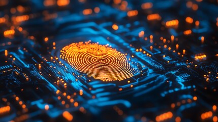 Futuristic Digital Fingerprint on Circuit Board in Bright Orange and Blue Lights