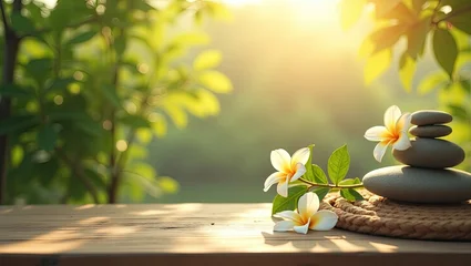 Papier peint photo autocollant Zen Peaceful zen stones and flowers on a wooden table.  © super