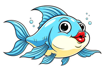 Fototapeta premium Cute cartoon blue fish with big eyes and red lips isolated on transparent background