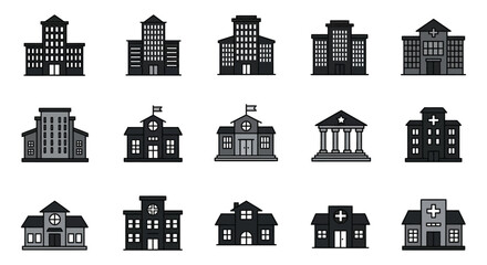 Collection of various building types and architectural styles in simple illustration