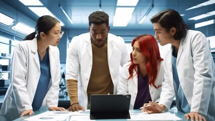 A diverse team of scientists in white lab coats collaborating on a project, gathered around a tablet and documents in a modern research laboratory. - Powered by Adobe