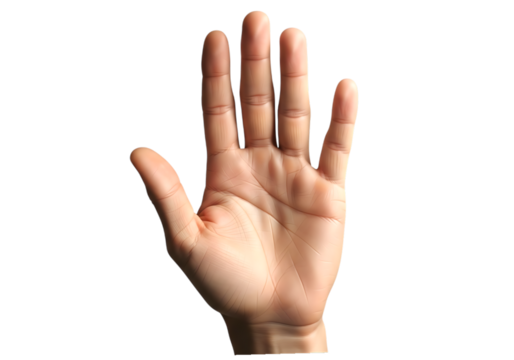 Human hand showing five fingers open palm isolated on transparent background
