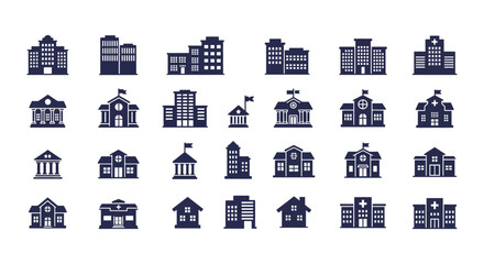 Collection of various building and house silhouettes in different architectural styles