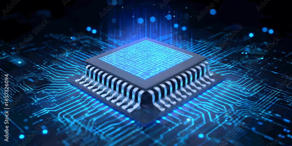 Poster advanced microchip on circuit board with blue illumination