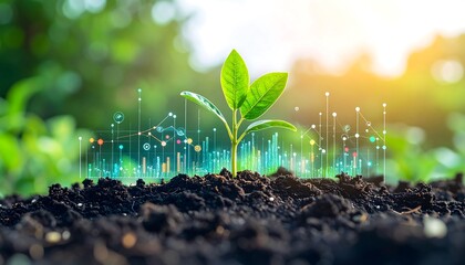 A young sprout emerging from the soil, overlaid with digital graphs and charts, representing growth and progress in a natural setting.