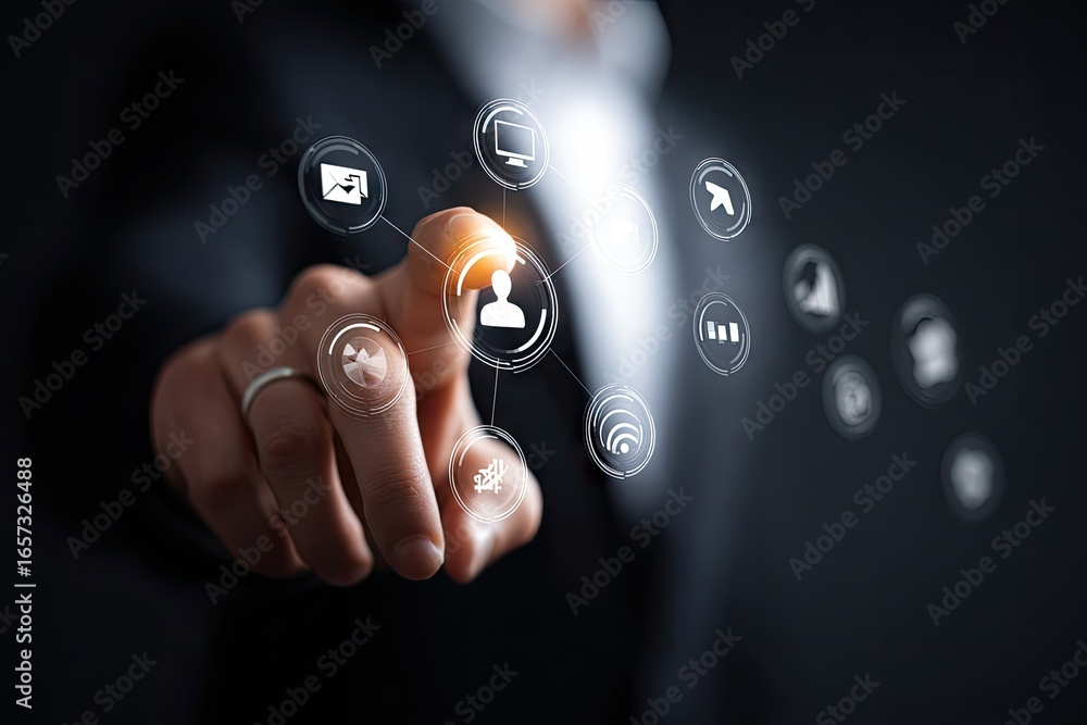 Poster person's finger interacts with a holographic interface displaying various application icons