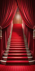 Fototapeta premium Red curtain draped over a staircase leading to a luxurious red carpet