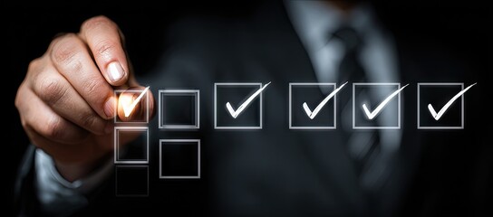 Businessperson checks items on a digital checklist, signifying task completion and progress