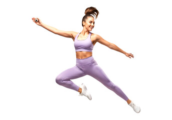 Young athletic woman in purple sportswear jumping with arms outstretched isolated on transparent background