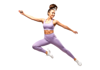 Young athletic woman in purple sportswear jumping with arms outstretched isolated on transparent background