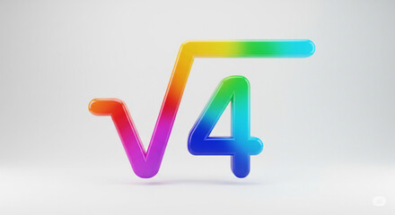Vibrant Rainbow Colored Square Root Symbol with Number Four Inside Representing Mathematics in a Bright Studio.