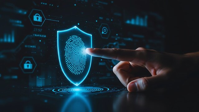 Fingerprint Scanning for Cybersecurity and Data Protection with a Digital Lock and Shield, Representing Biometric Authentication and Secure Technology