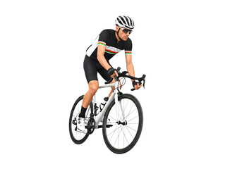 Male cyclist in racing gear on a road bike isolated on transparent background