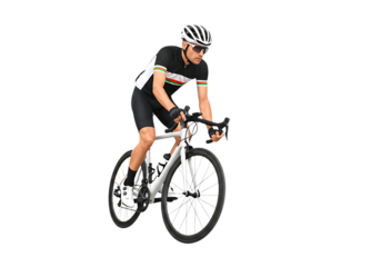 Male cyclist in racing gear on a road bike isolated on transparent background