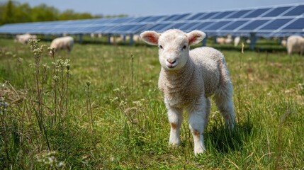 Obraz premium Adorable fluffy white lamb standing on lush green grass near a tranquil lake with a scenic mountain backdrop