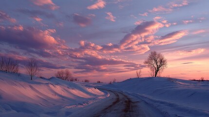 Winter sunset over a snowy road