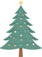 Fototapeta premium Classic Christmas tree with glowing string lights illustration