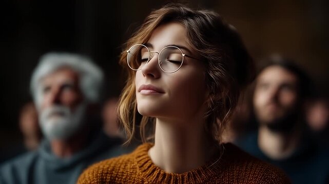 Young Woman in Audience Looks Upward Attentively