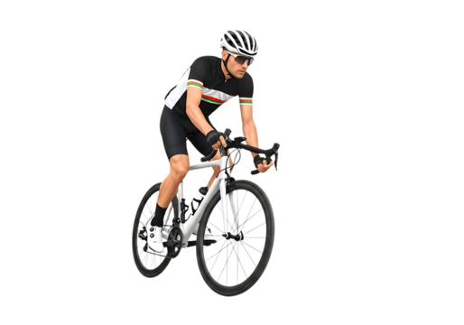Male cyclist in racing gear on a road bike isolated on transparent background
