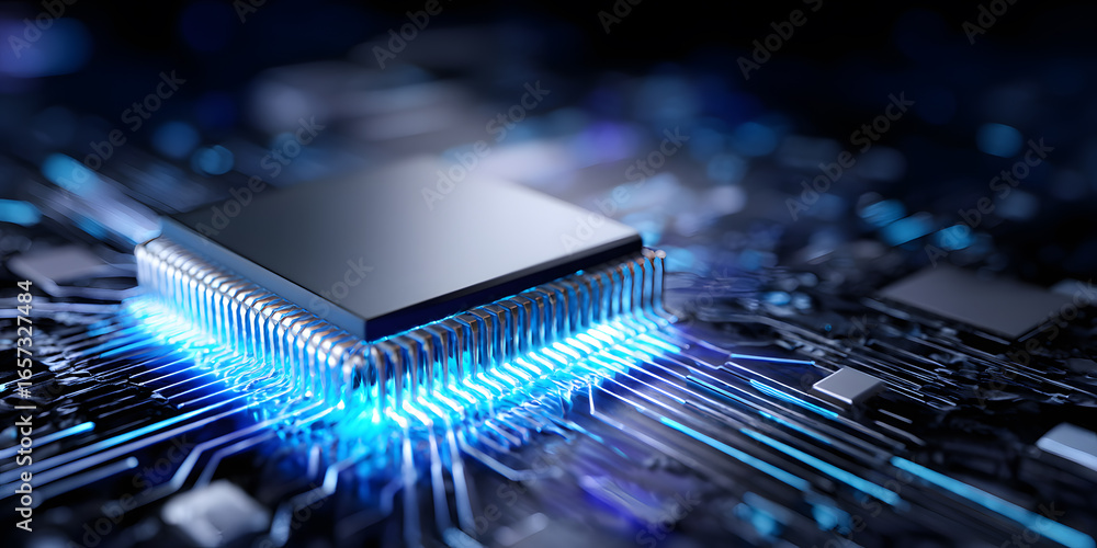 Poster advanced microprocessor on circuit board with illuminated connections