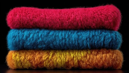 Stack of three vibrant, fluffy blankets in red, teal, and orange