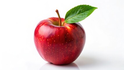 bright red apple with a green leaf and a short brown stem isolated on a white background