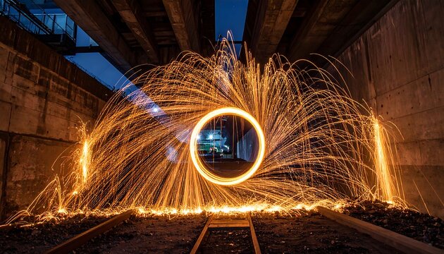 Mesmerizing ring of fire and sparks from spinning steel wool illuminates a dark urban underpass at night - Powered by Adobe