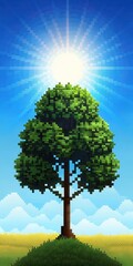 Black shape of a tree stands against a bright sunny sky in the style of pixel art