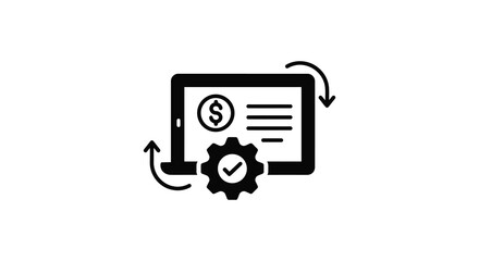 Laptop with dollar sign and gear icon on screen with arrows