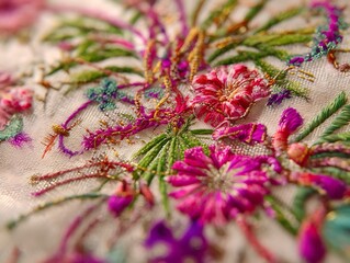 Digitally reactive tapestry combining handmade patterns and sensor threads beige background with fuchsia glow