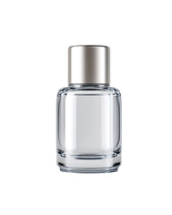 A clear glass perfume bottle with a metallic cap