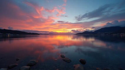 Serene sunset over a calm body of water.
