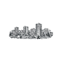 Fototapeta premium Hand-drawn sketch of a dense city skyline with diverse buildings and lush trees